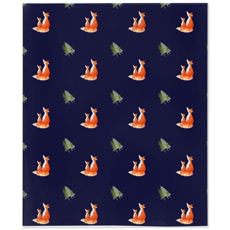 Fox and Trees Pattern Minky Blanket (Dark Blue)