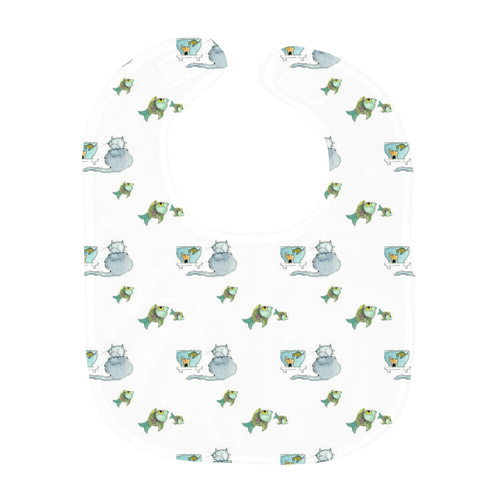 Cat and Fish Pattern Baby Bib -(White)