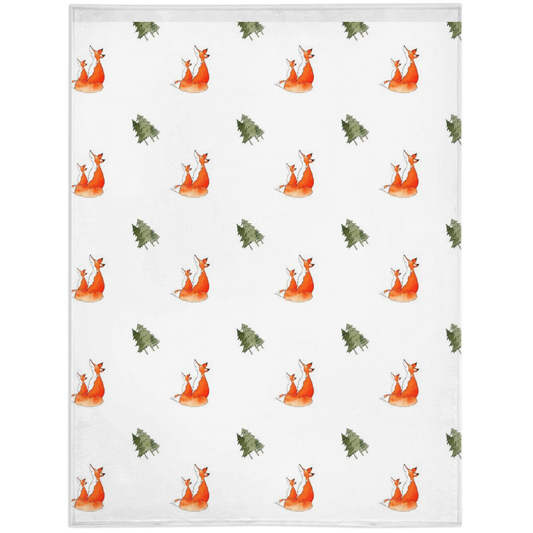 Fox and Trees Pattern Minky Blanket (white)