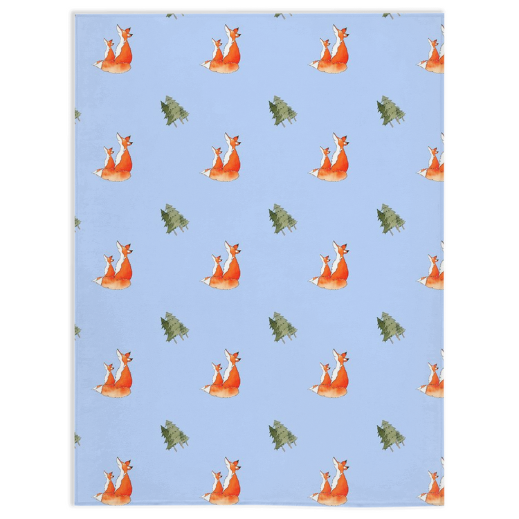 Fox and Trees Pattern Minky Blanket (blue)