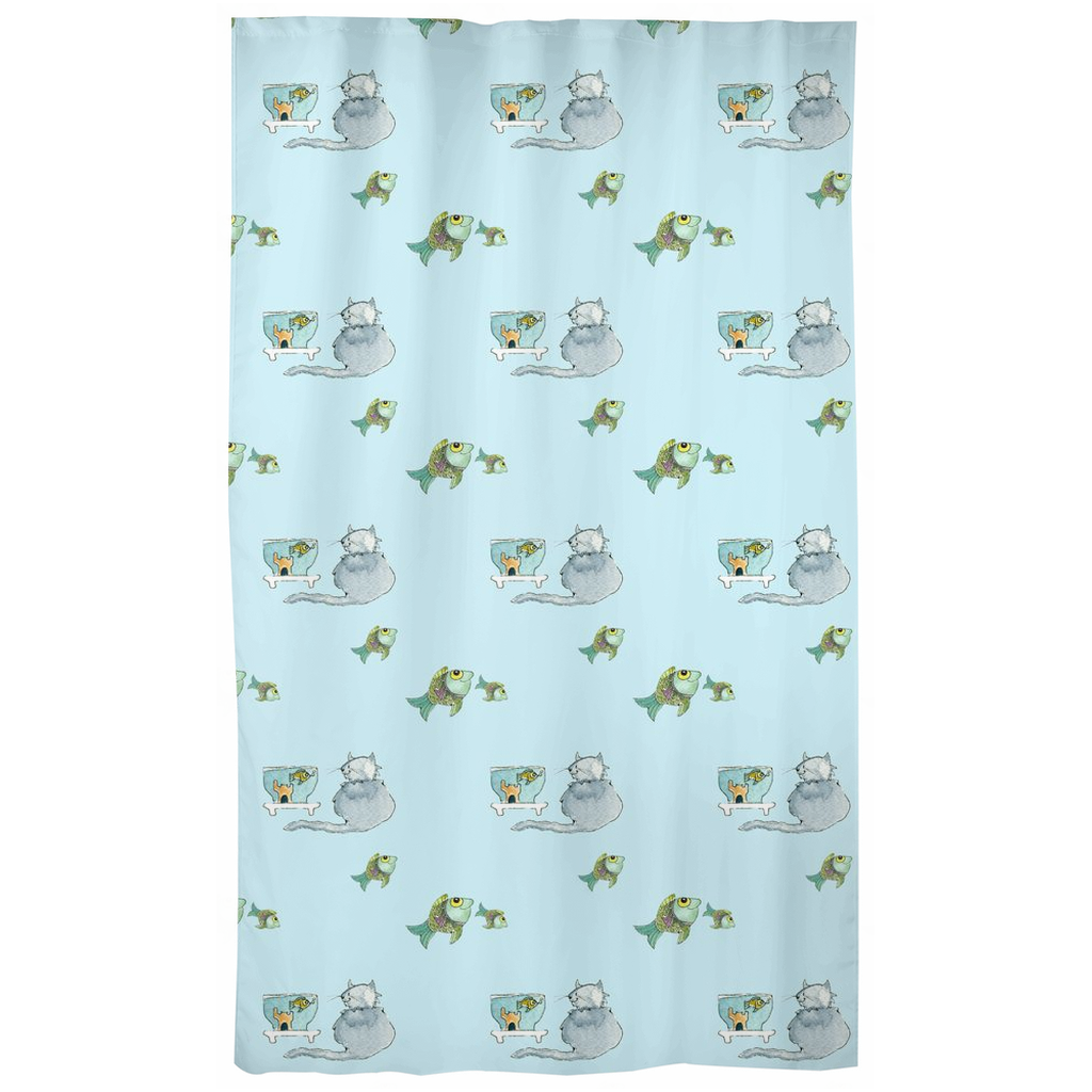 Cat and Fish Pattern Curtains (Blue)