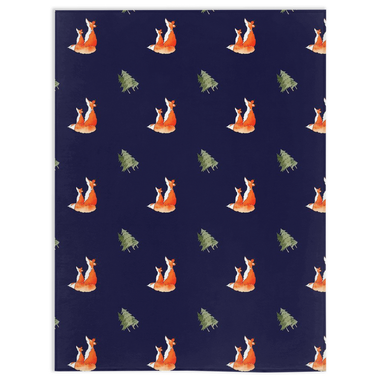 Fox and Trees Pattern Minky Blanket (Dark Blue)