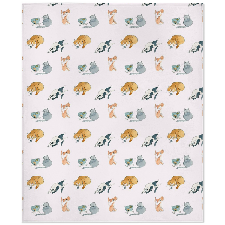Cats Pattern Minky Blanket (White)