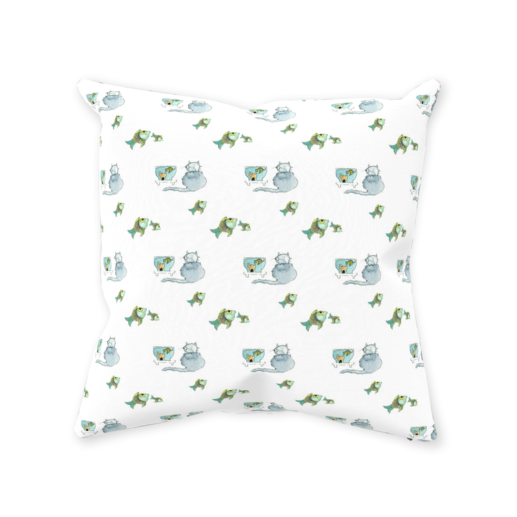 Cat and Fish Throw Pillow (white)