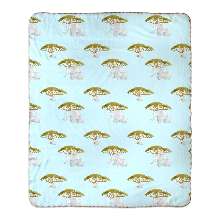 Elephant and Tree Pattern Sherpa Blanket - (Blue)
