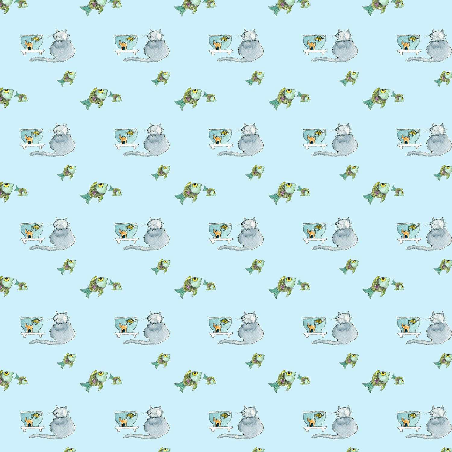 Blue Cat and Fish Pattern