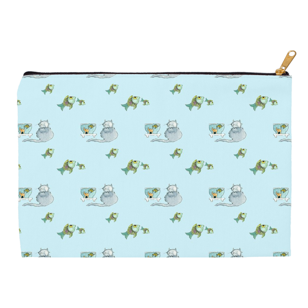 Cat and Fish Pattern Accessory Pouch (Blue)