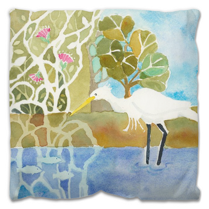 Snowy Egret Fishing Outdoor Pillow