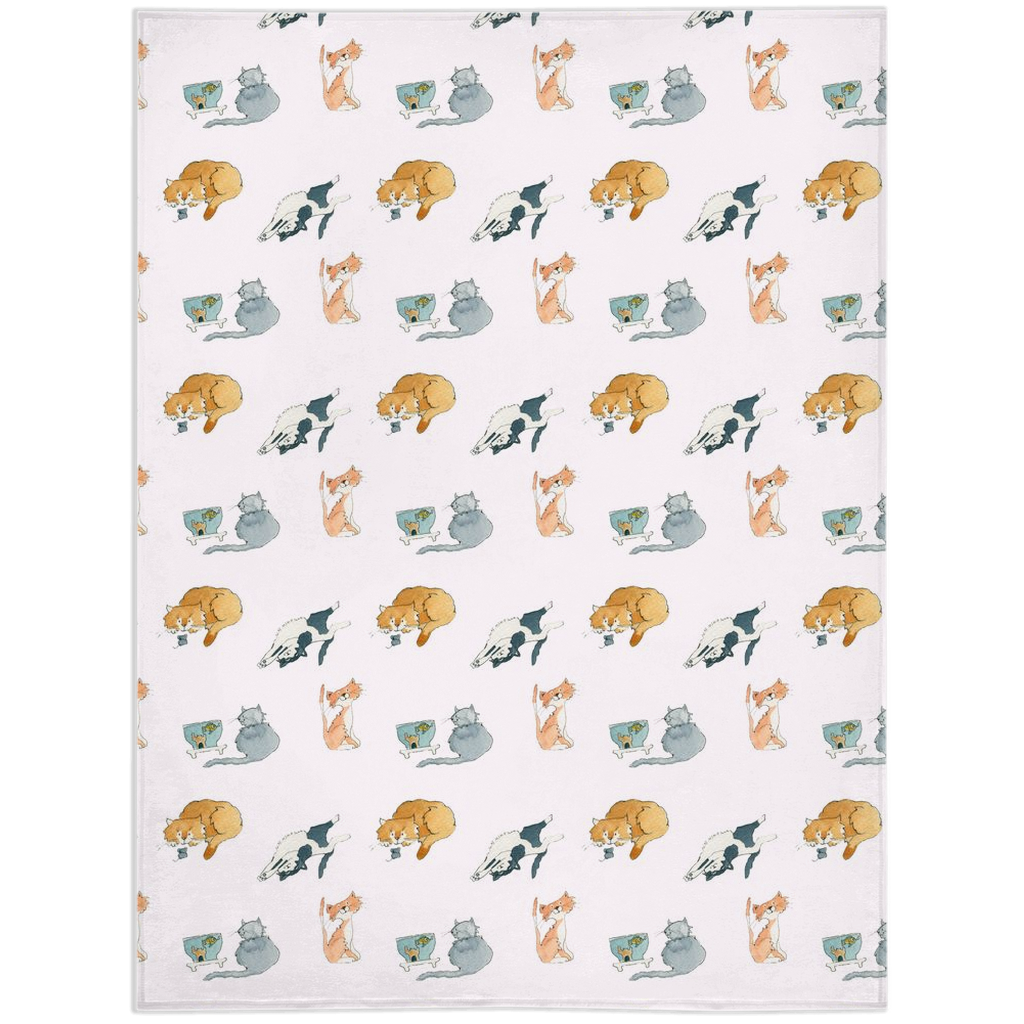 Cats Pattern Minky Blanket (White)