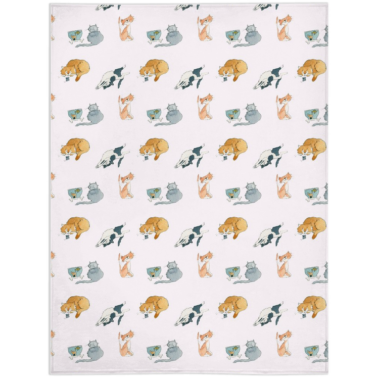 Cats Pattern Minky Blanket (White)