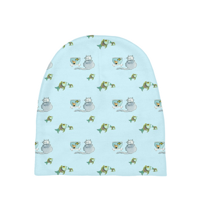 Cat and Fish Pattern Baby Beanie (Blue)