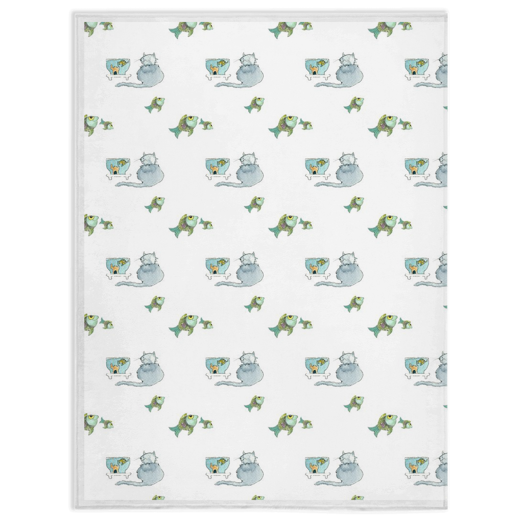 Cat and Fish  Pattern Minky Blanket (White)