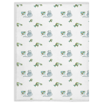 Cat and Fish  Pattern Minky Blanket (White)