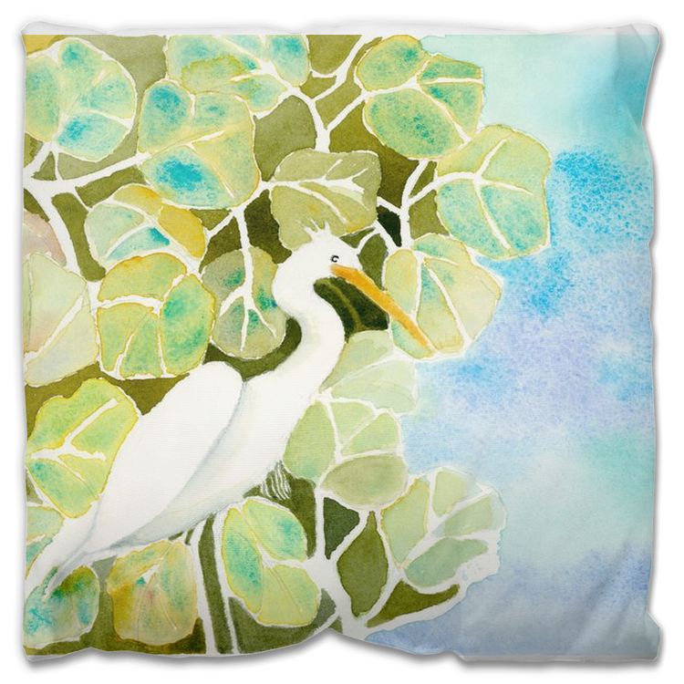 Snowy Egret and Sea Grapes Outdoor Pillow