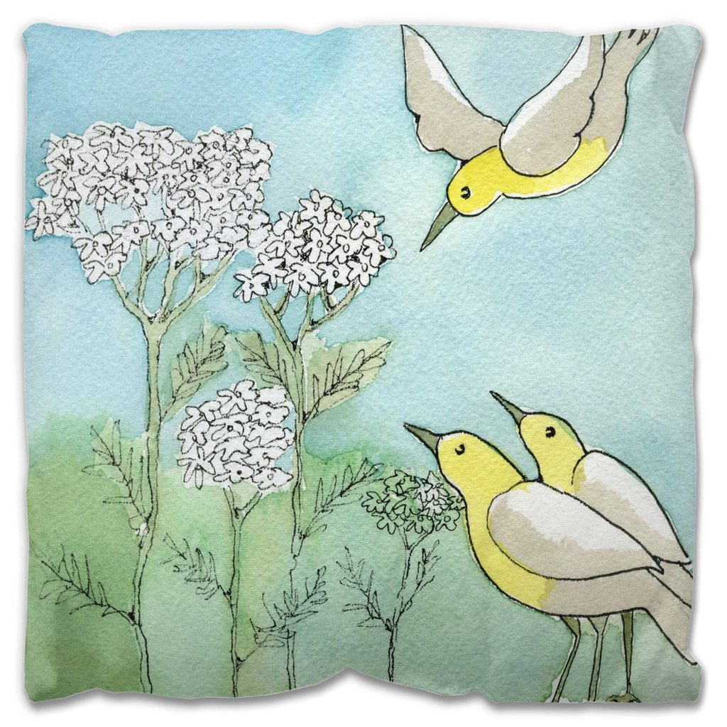 Yellow Birds and Yarrow Outdoor Pillow