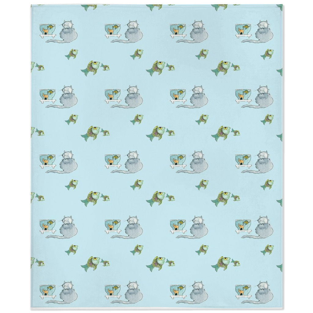 Happy Cat Pattern Minky Blanket (Blue)