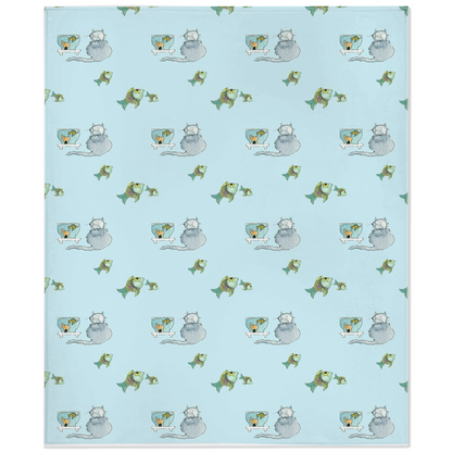 Happy Cat Pattern Minky Blanket (Blue)