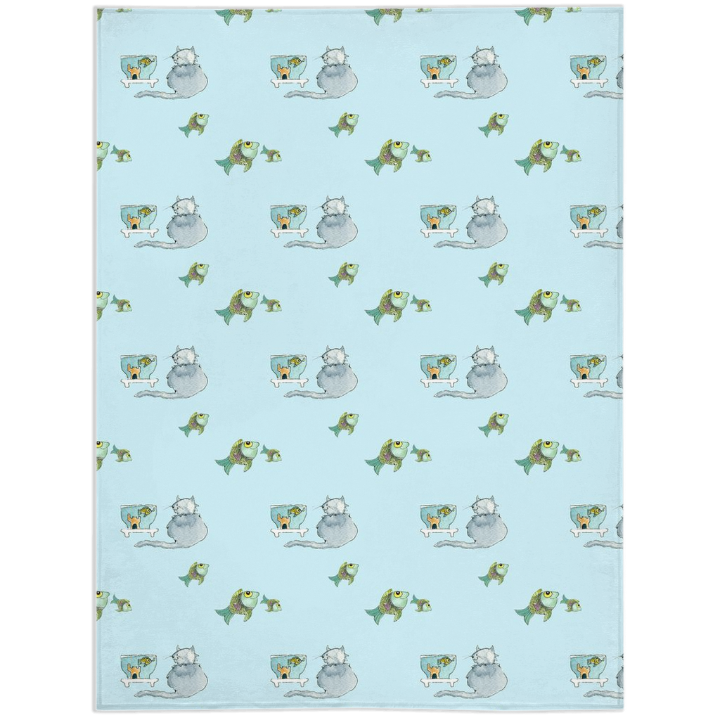 Cat and Fish  Pattern Minky Blanket (Blue)