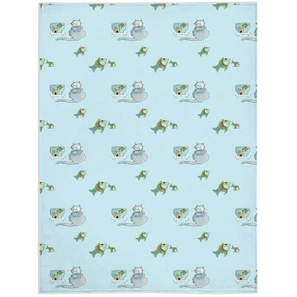 Happy Cat Pattern Minky Blanket (Blue)