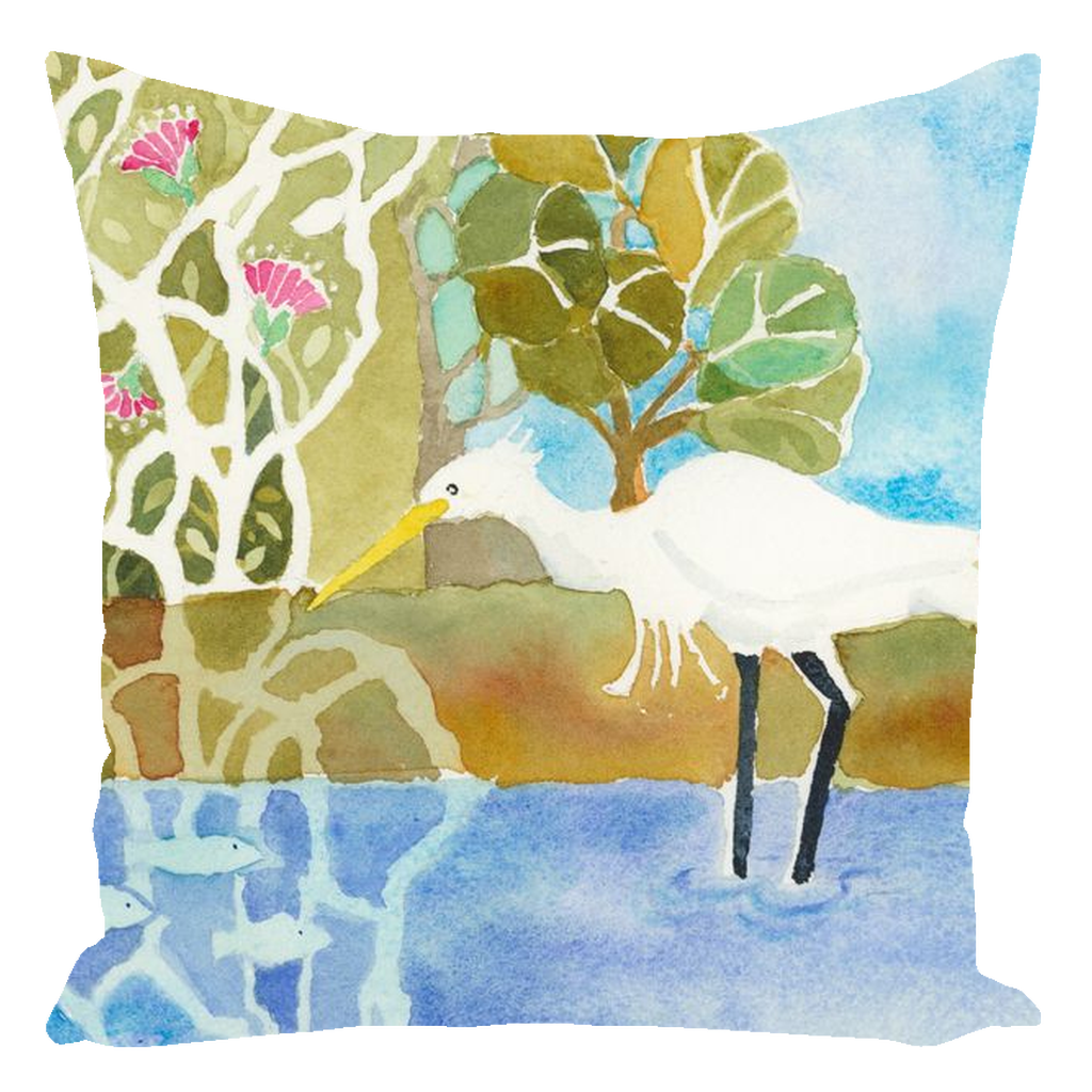 Snowy Egret Fishing Throw Pillow