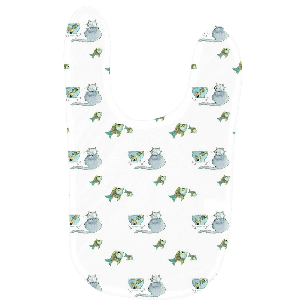 Cat and Fish Pattern Baby Bib -(White)