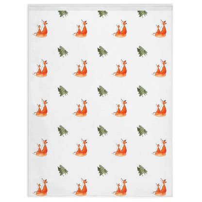 Fox and Trees  Pattern Minky Blanket (white)