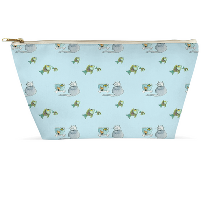 Cat and Fish Pattern Accessory Pouch (Blue)