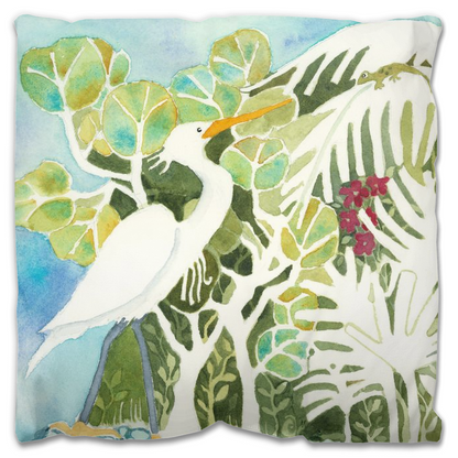 Snowy Egret and Gecko Outdoor Pillow