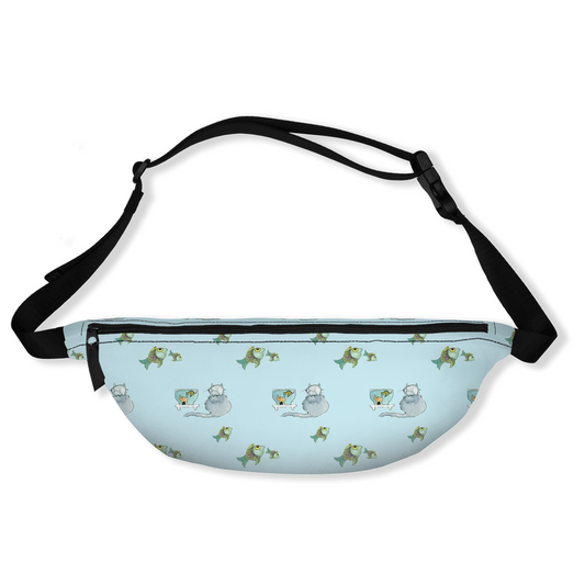Cat and Fish Pattern Fanny Pack (Blue)