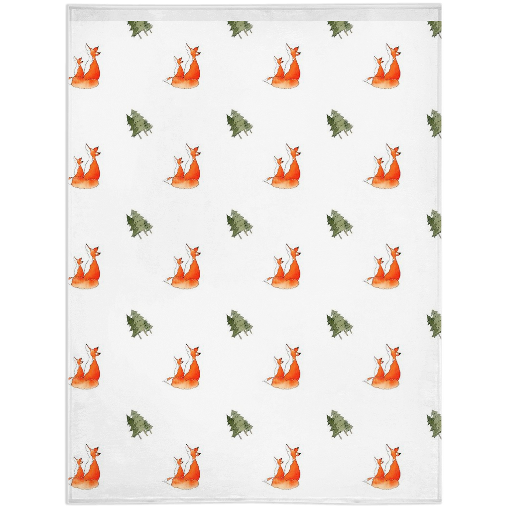 Fox and Trees  Pattern Minky Blanket (white)