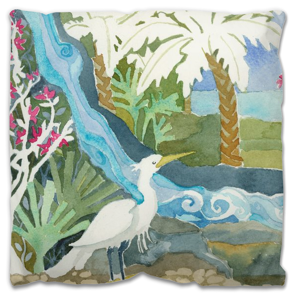 Snowy Egret Waterfall Outdoor Pillow
