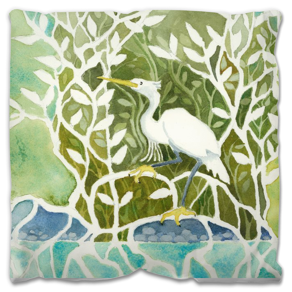 Snowy Egret Mangrove Outdoor Pillow