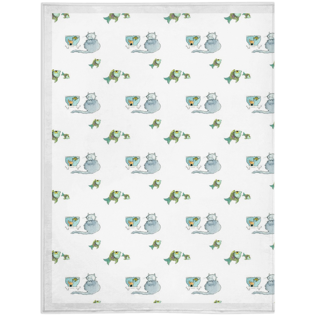 Cat and Fish  Pattern Minky Blanket (White)