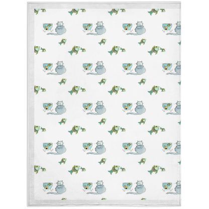 Cat and Fish  Pattern Minky Blanket (White)