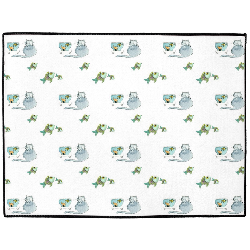 Cat and Fish Pattern Floor Mat (White)