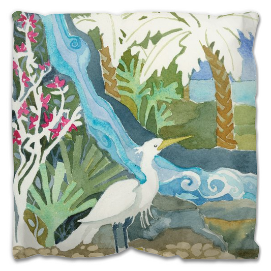Snowy Egret Waterfall  2 Side Design Outdoor Pillow