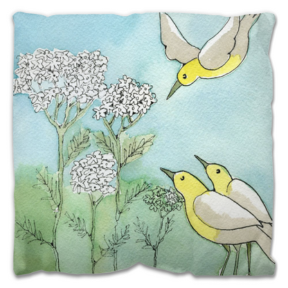 Yellow Birds and Yarrow Outdoor Pillow