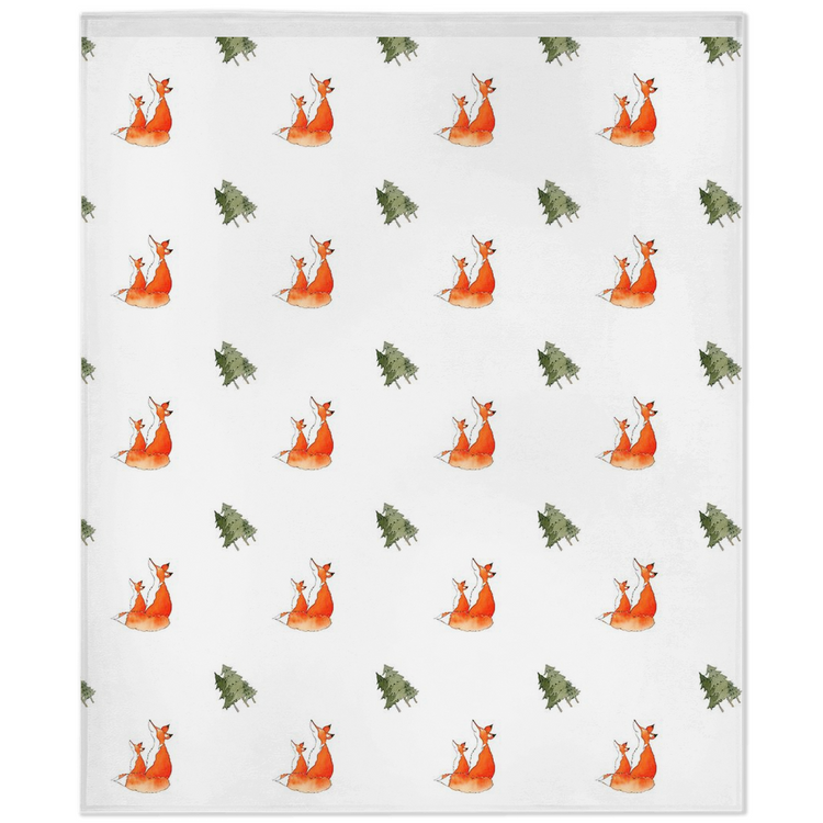 Fox and Trees  Pattern Minky Blanket (white)