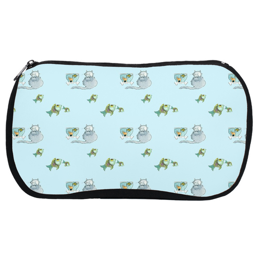 Cat and Fish Pattern Cosmetic Bag (Blue)