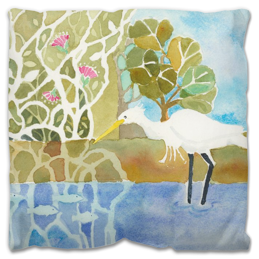 Snowy Egret Fishing Outdoor Pillow