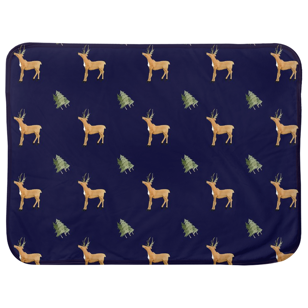Deer and Trees Pattern Baby Sherpa Blanket (Dark Blue)