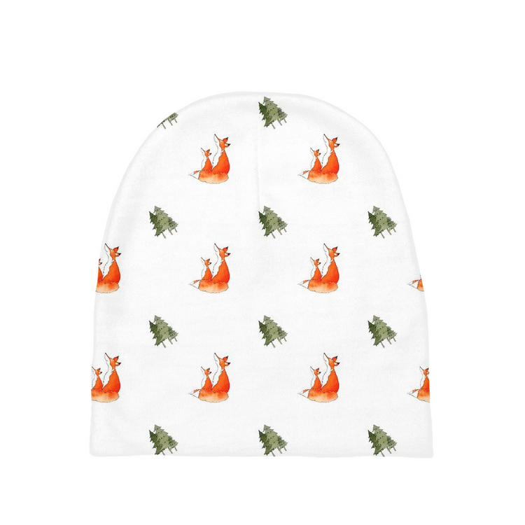 Fox and Trees Pattern Baby Beanie (White))