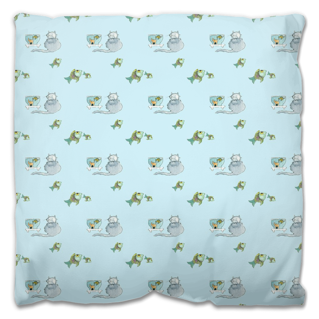 Cat and Fish Pattern Outdoor Pillow (Blue)