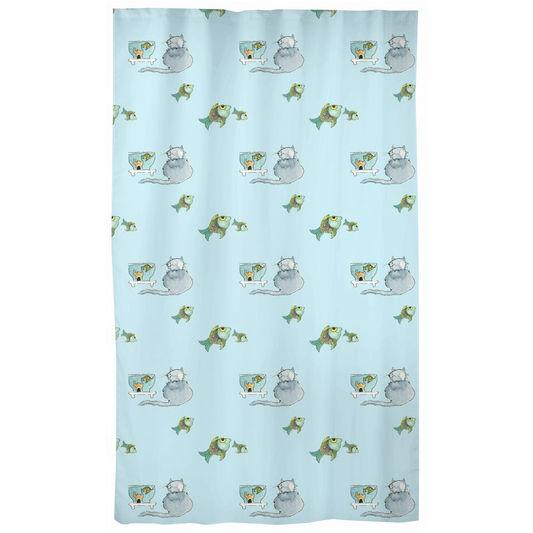 Cat and Fish Pattern Curtains (Blue)