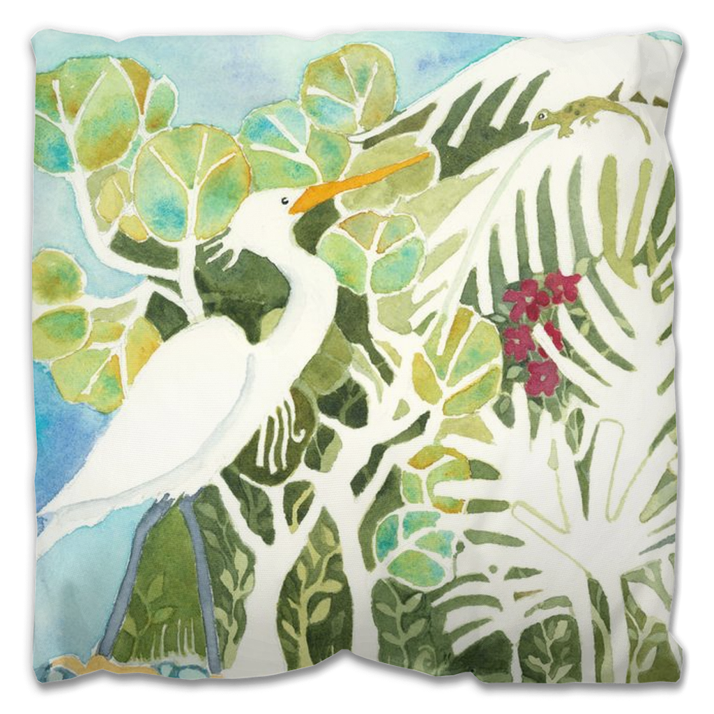 Snowy Egret and Gecko Outdoor Pillow