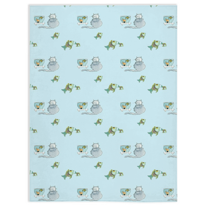 Happy Cat Pattern Minky Blanket (Blue)