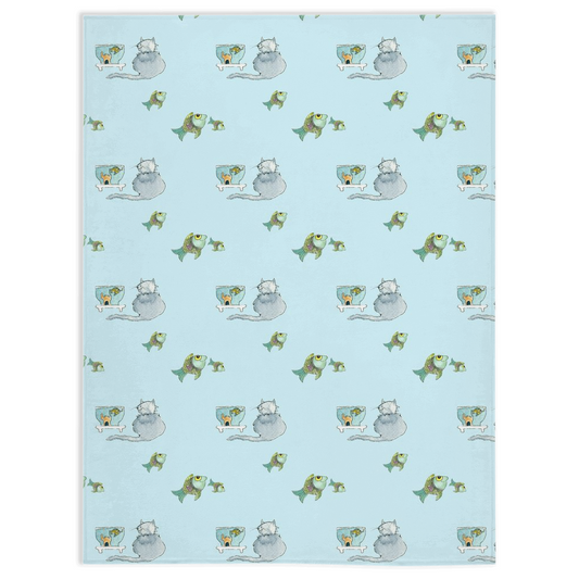 Cat and Fish  Pattern Minky Blanket (Blue)