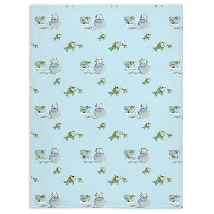 Cat and Fish  Pattern Minky Blanket (Blue)