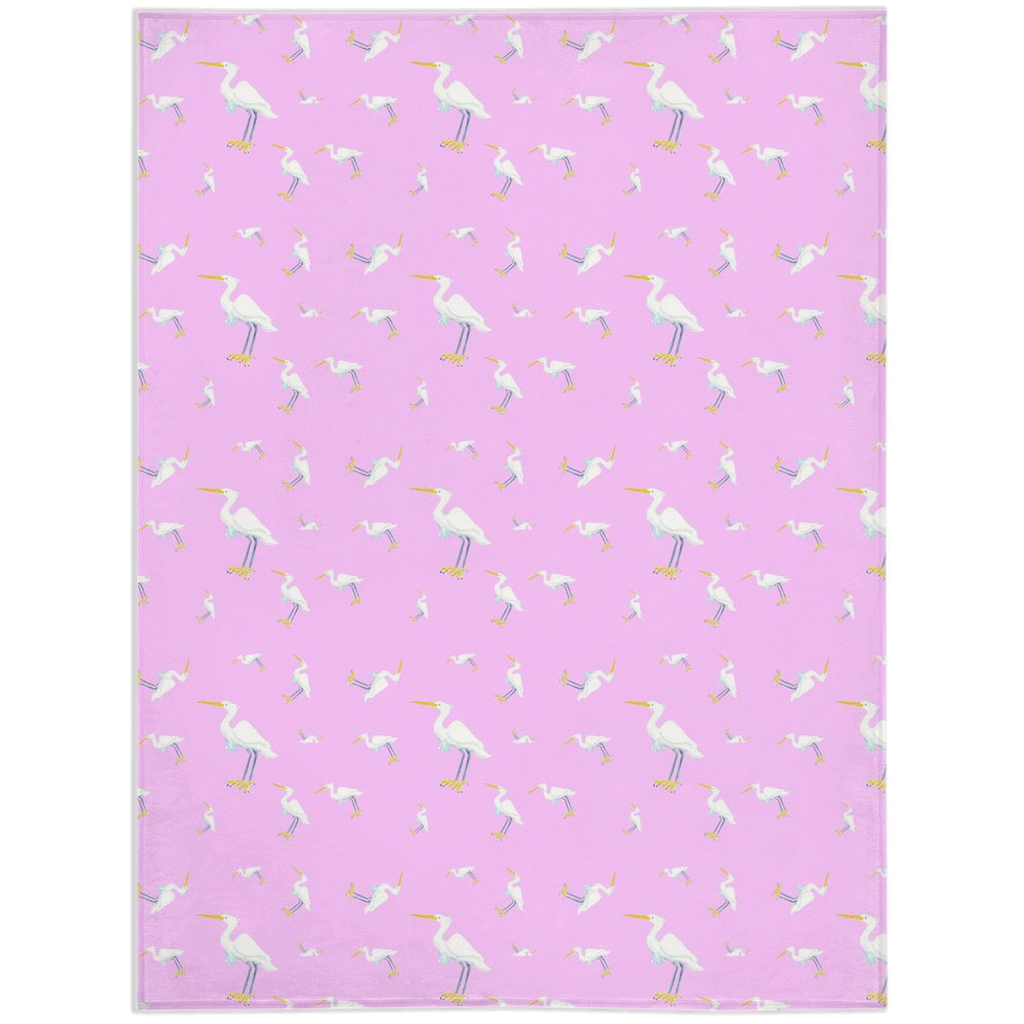 Snowy Egret Pattern Minky Blanket (Pink)