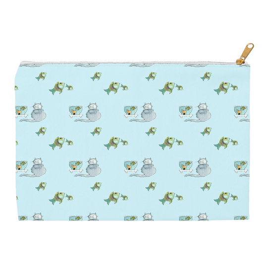 Cat and Fish Pattern Accessory Pouch (Blue)